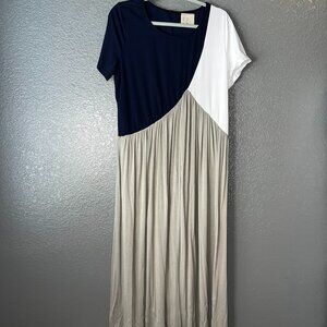 Flory Day Colorblock Maxi Dress Navy White Taupe Short Sleeve Women’s Size L